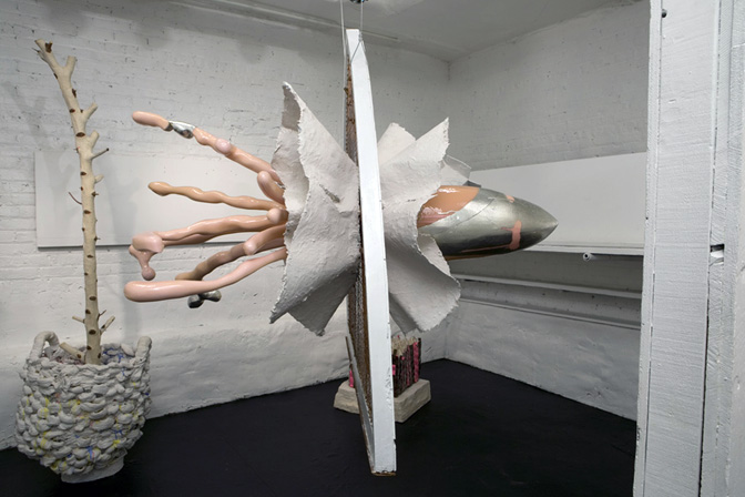 Nancy Lu Rosenheim Bullet Skirt, from the project Carnal Animates, 2009 60”x60”x60"Polystyrene, gypsum product, found window frame, copper tubing, copper wire, aluminum leaf, resin 