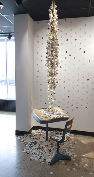 Rita Grendze, "Daydreaming of a chance to learn", desk, and repurposed books, University of St. Francis Gallery, Joliet, IL, 2016 