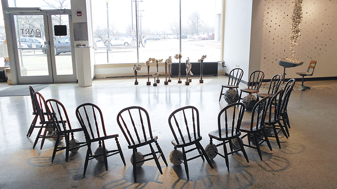 Rita Grendze, "unbiased fair equal balanced unprejudiced smooth plum uniform equitable flush even honest level just", vintage chairs, twine, fabric, rope, and denim, University of St. Francis Gallery, Joliet, IL, 2016