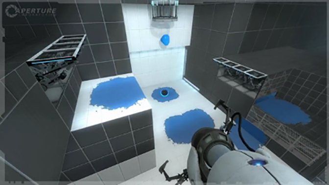 The blue repulsion (bouncy) gel found later in Portal 2’s story being expelled from a pipe. Valve, 2011