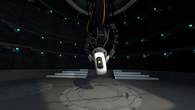 GLaDOS, the game’s antagonist and example of Aperture’s signature design, looming over the player. Valve, 2011